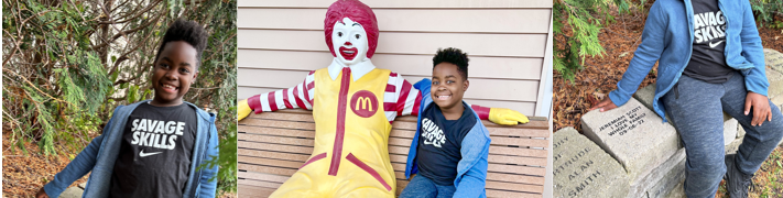 Three photos of a boy named Jeremiah - two of him by himself, one sitting next to Ronald McDonald