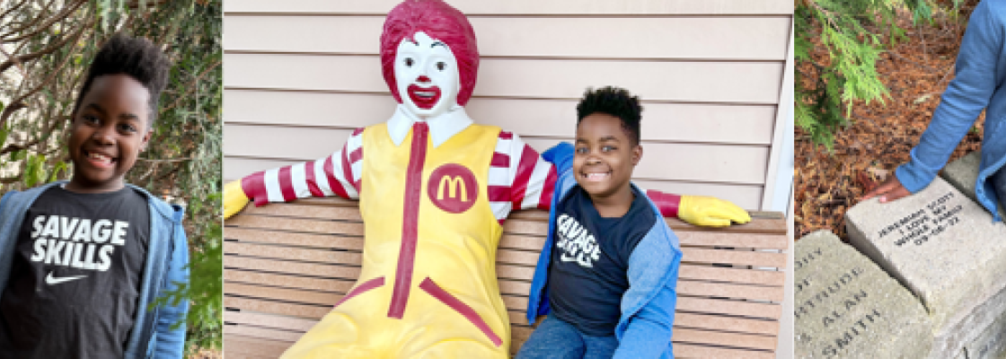 Three photos of a boy named Jeremiah - two of him by himself, one sitting next to Ronald McDonald